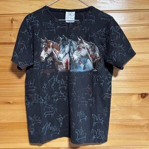 Vintage Buffalo Hanes Her Way AOP Native American Horse Black Tee 1996 Medium